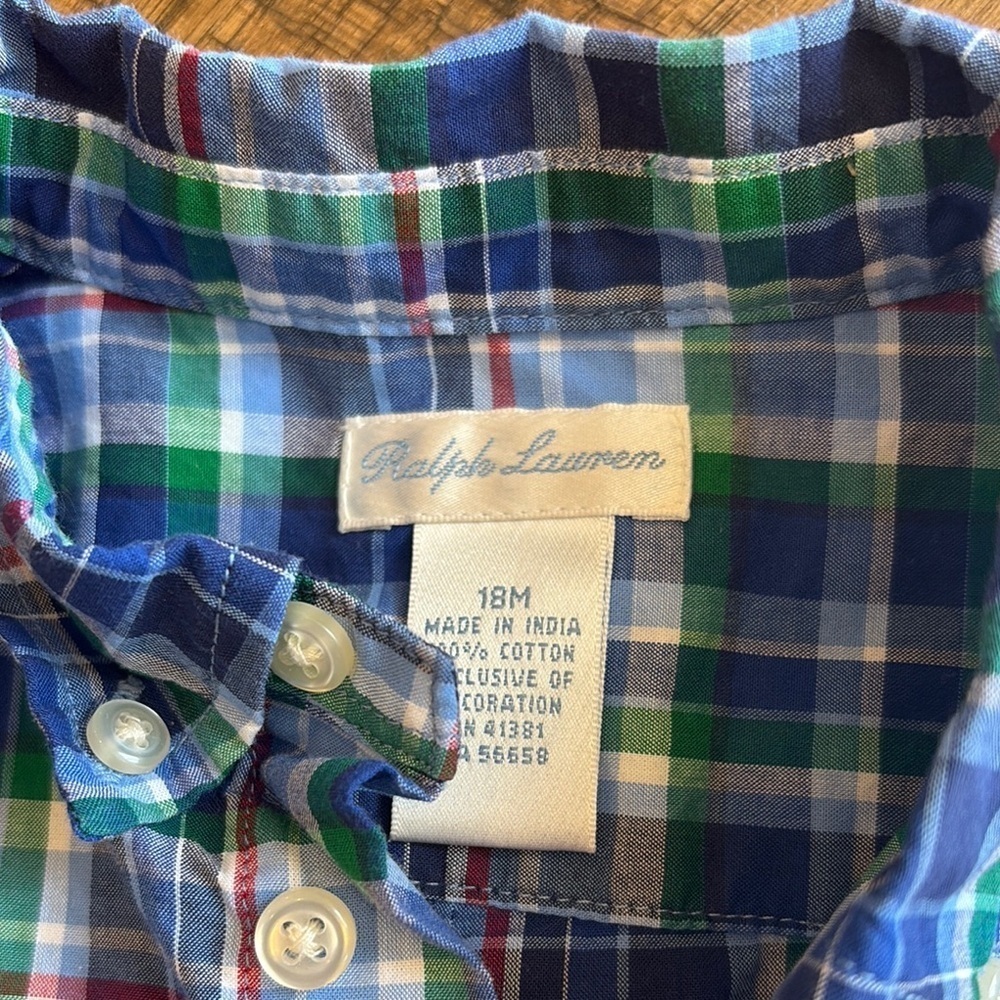 Ralph Lauren Blue and Green Plaid Button-Up Collared Kids Shirt - Picture 3 of 5